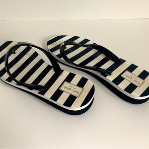 Kate Spade Milli Black & White Striped Wedge Thong Flip Flop with Gold Charm 10